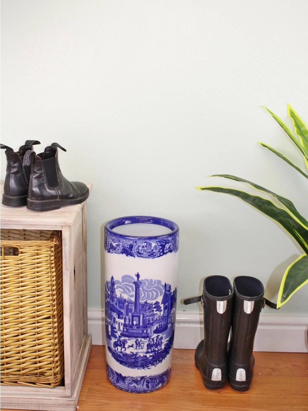 Blue and White Ceramic Umbrella Stand - 17” tall